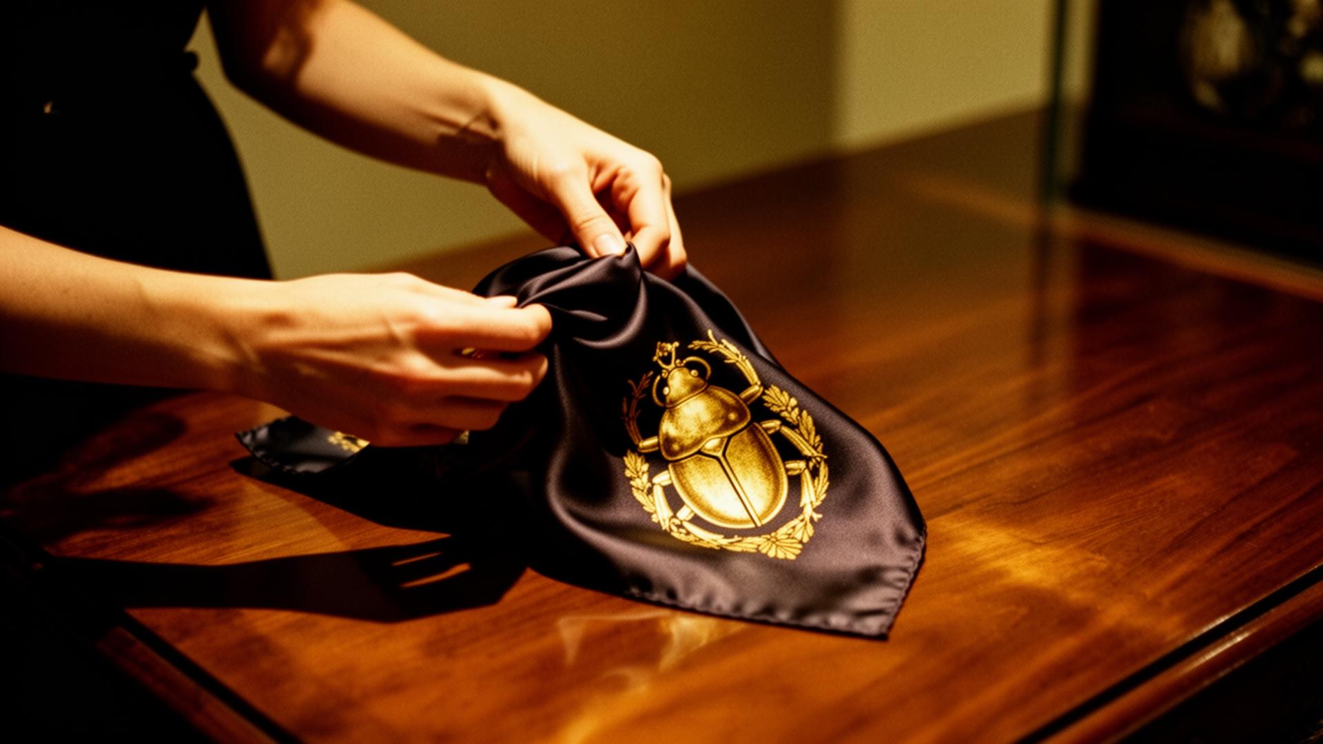 Hands folding a dark silk scarf with a gold scarab motif in low museum light.